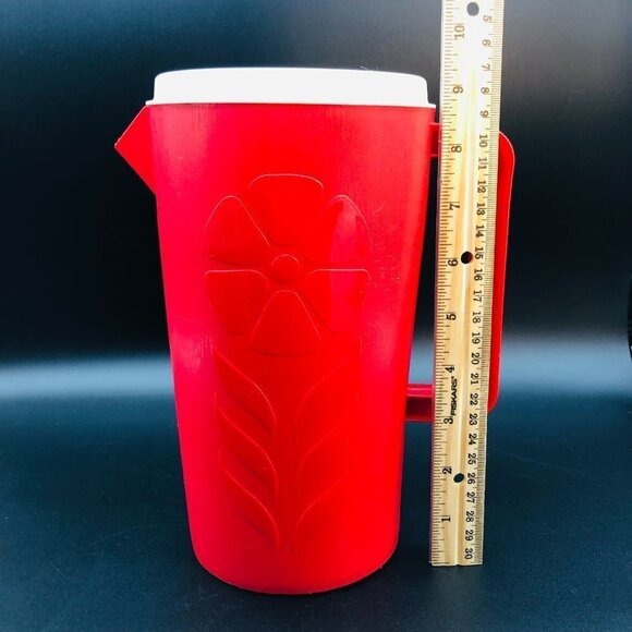 70s Sterilite Red Plastic Juice Pitcher Vintage Cold Beverage Jug Family BBQ - Picture 11 of 11